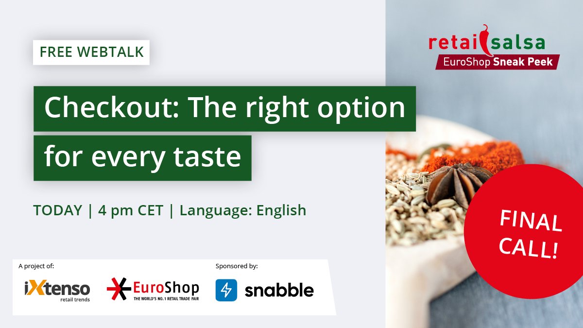 EuroCIS's tweet photo. Today is the day of our first #RetailSalsa EuroShop Sneak Peek! 🌶️ Ready for spicy insights about the right #checkout? We and our speakers from @snabble_io are ready to tell you more on this exciting topic!
👉 https://t.co/Z8Eao3VhGx

~ A project of @iXtenso and @EuroShop ~ https://t.co/tiziDxrImJ