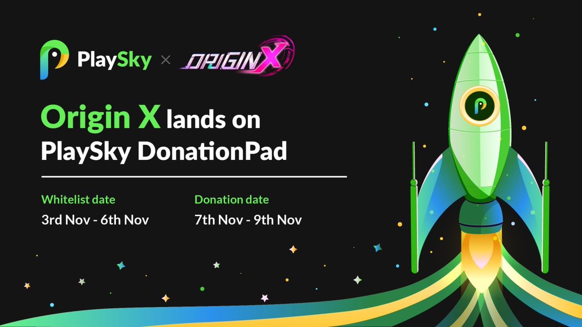 playskyio's tweet photo. We're excited to announce an upcoming donation for @Origin_X_Meta 🎉

▪️  Whitelist -- 3rd Nov 
▪️  Donation -- 7th Nov 
▪️  100% at TGE 
▪️  3 Days protection 

Get ready for the whitelisting that comes shortly🔛

#BSCGem #NTF #GameFi #P2E #PlaySky #launchpad https://t.co/WIJhviu4Vj