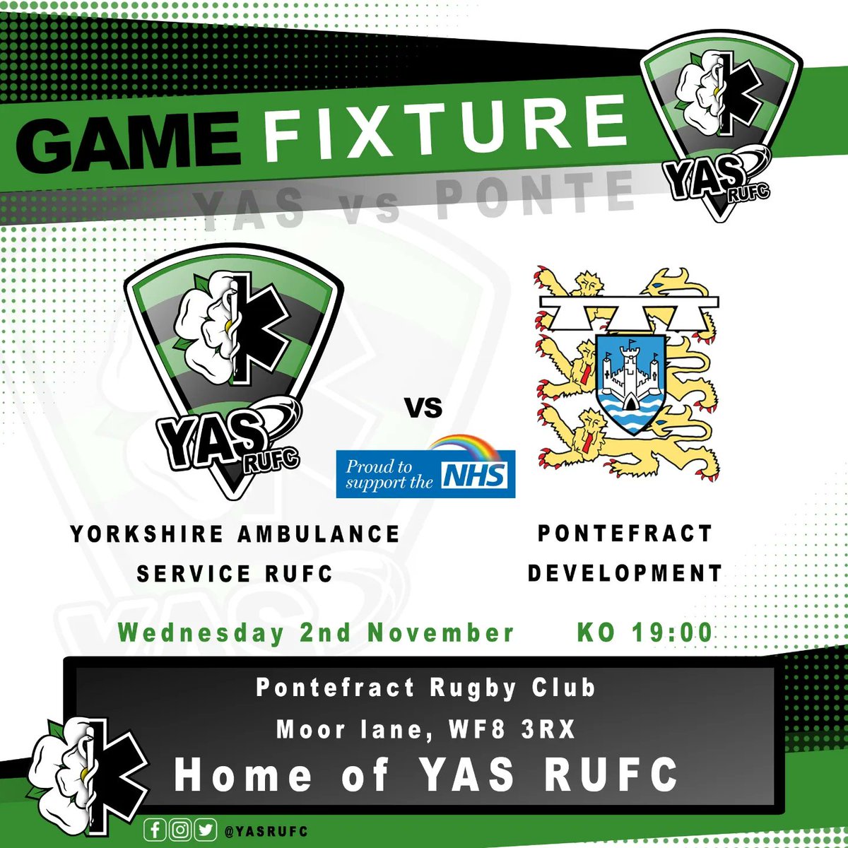 ◾◾ TONIGHT ◾◾

@yasrugbyunion vs Pontefract Development 

🚑 vs 🏉

📅 Wednesday 2nd November - KO : 19.00
🆚️ Pontefract Development 
📍 Pontefract Rugby Club, Moor Lane, WF8 3RX 

Covered seating and bar open from 18.00

Come support YAS at the Home of YAS RUFC 
#yasrufc
