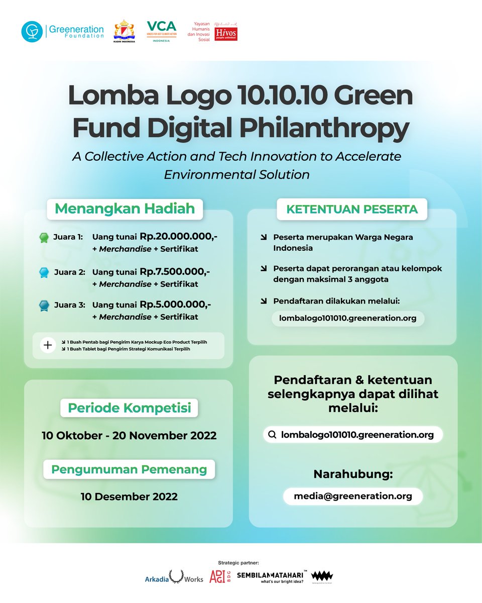 greenerationid's tweet photo. Yuk, ikuti lomba logo 10.10.10 Green Fund Digital Philanthropy dan menangkan hadiah jutaan rupiah + gadget menarik!

Daftar dan pelajari selengkapnya melalui tautan berikut:

https://t.co/mJ6WOr7Yub https://t.co/Rk7EtwDp8t