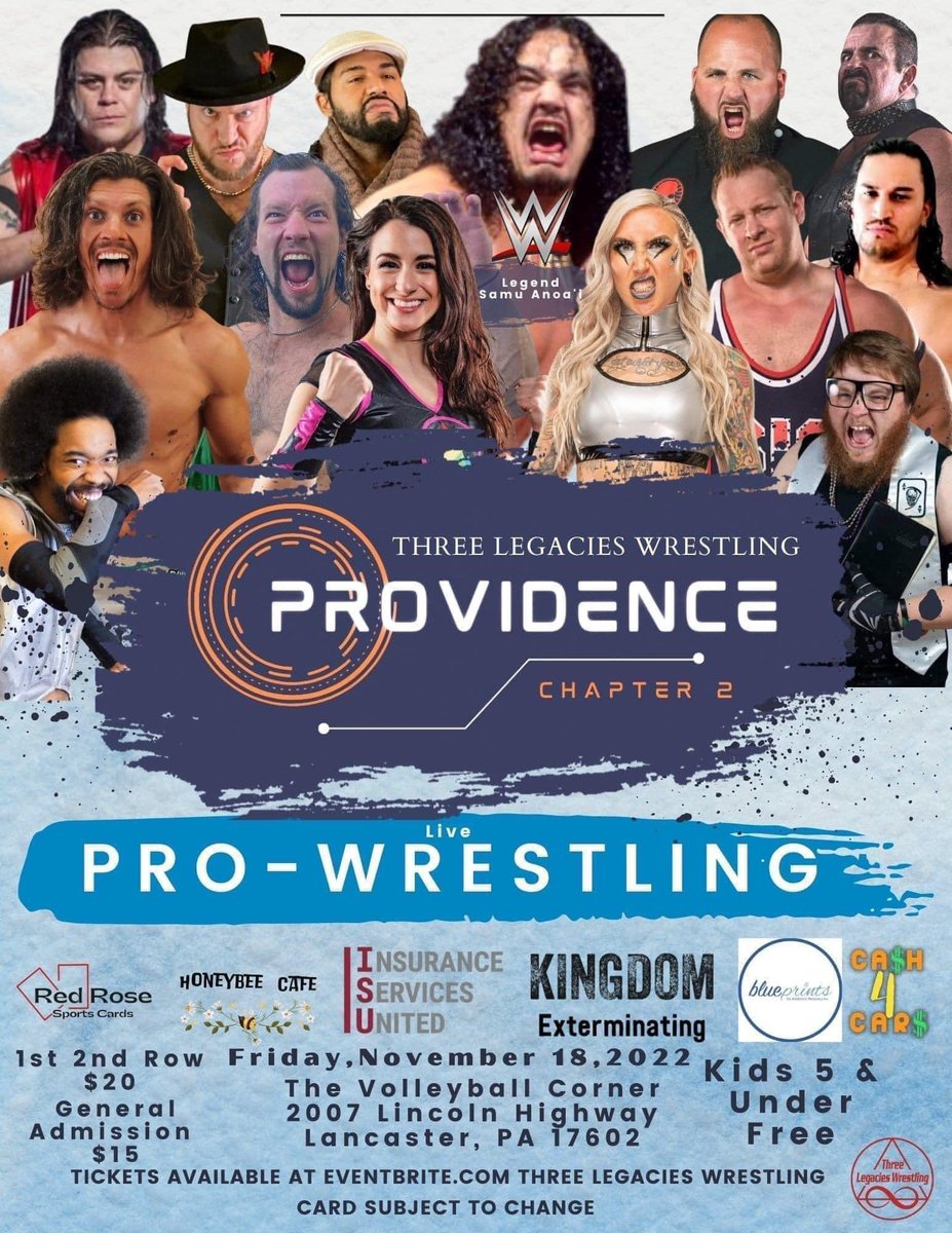 RefLarryPeace's tweet photo. @3Legacies Presents 
Providence Chapter 2 

When: Fri Nov. 18th 🗓 

Where: The Volleyball Corner 

Address: 2007 Lincoln Hwy, Lancaster, PA 17602 
📍

Bell Time 🛎 7pm 

🎟 Red Rose Sports Cards Or https://t.co/D5hLQIc2le

#ThreeLegacies #reflarryswc #KeepingThePeace #wrestling https://t.co/PCV3VzlkCk