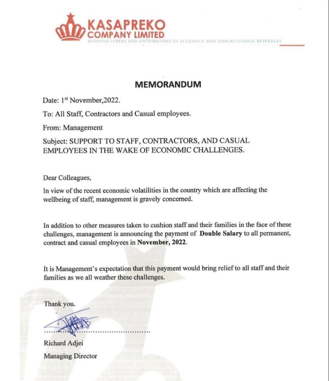 Kasapreko announces payment of double salary to all permanent, contract, and casual employees in the wake of economic challenges.