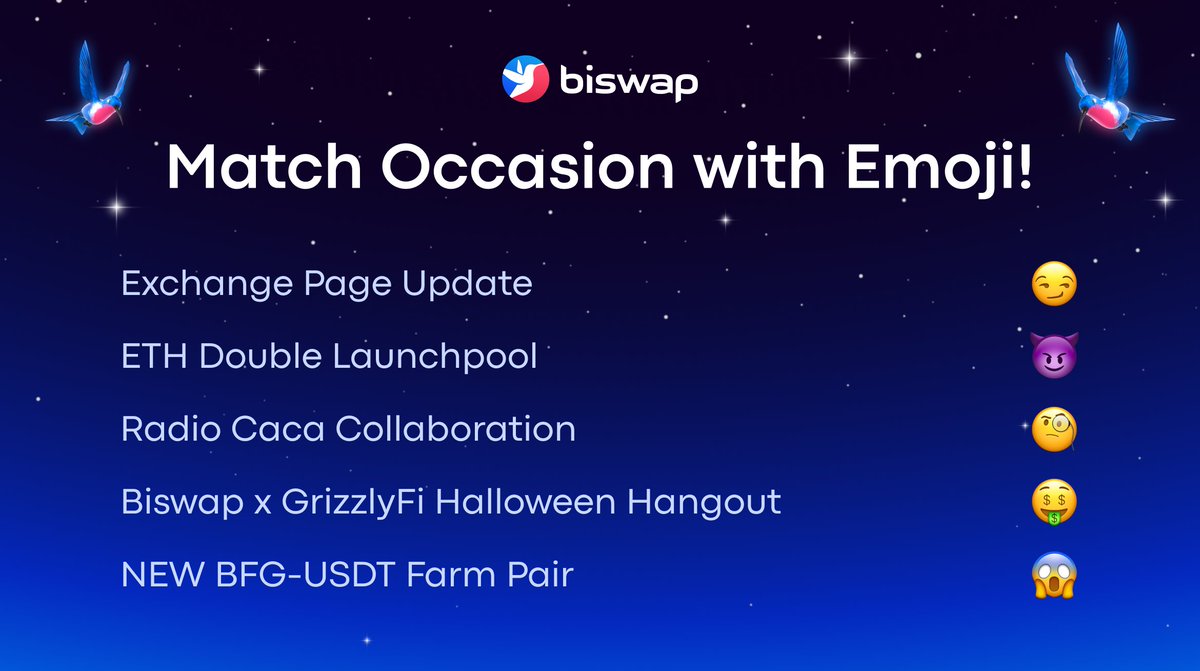 🔮Match Biswap Occasion with Emoji!🔮 Let's play an associations game👇 1️⃣Look at 5 occasions on the banner 2️⃣Match them with associated emoji 3️⃣Write your result in the comments Set your emotions free with @Biswap_Dex! #DEX #DeFi #BNBChain