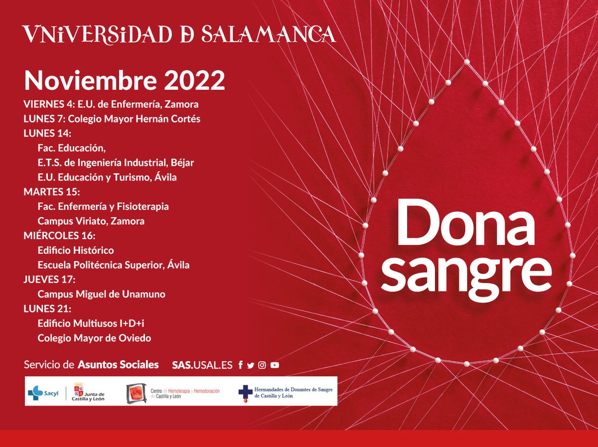 usal's tweet photo. 🩸 Campaña de donación de sangre de la Universidad de Salamanca para el mes de noviembre. 👇

📆 4, 7, 14, 15, 16, 17 y 21 de noviembre

Puntos fijos: https://t.co/Ov74ZAyPMp @sas_usal https://t.co/rtIOJNtj7C