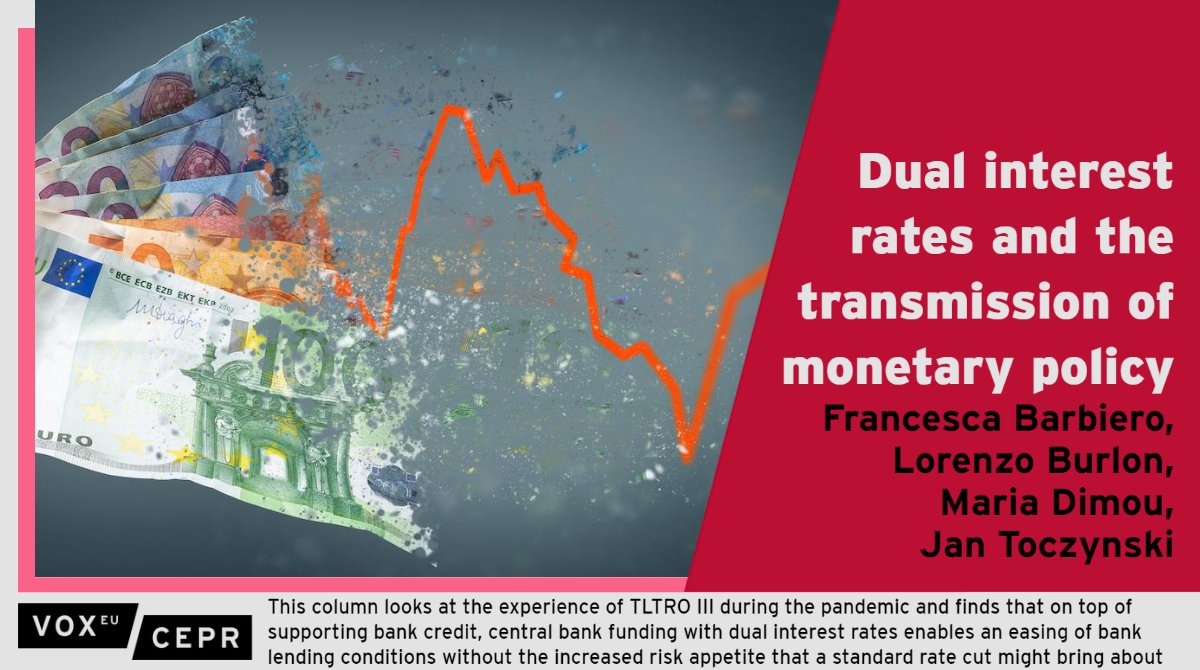 voxeu's tweet photo. Central bank funding with dual interest rates enables an easing of bank lending conditions without the increased risk appetite that a standard rate cut might bring about
@f_barbiero, @lorenzo_burlon, @MariaMDimou @ecb, Jan Toczynski @ETH_en @SFI_CH
https://t.co/EcYBxBfE3v https://t.co/82xQG758gp