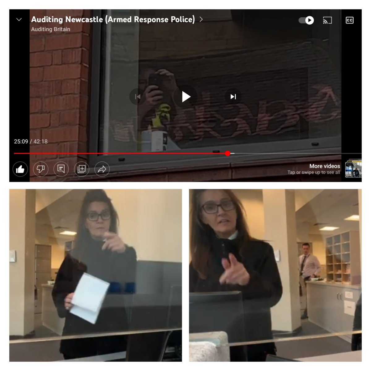 NCLCopwatch's tweet photo. More secretive photography this time on an officer's mobile. GDPR subject access applies to citizens here too, when AB tries getting officer's details he's met by this woman rudely pointing twice for him filming which is his right. She refuses to assist, he is denied his rights. https://t.co/iLayfy2Xsa