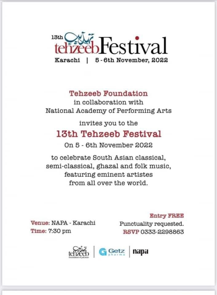 TimepassKhi's tweet photo. Tehzeeb Festival. 5th and 6th November to celebrate South Asian music. 7.30pm @napakarachi https://t.co/Xy8uDhAC9v