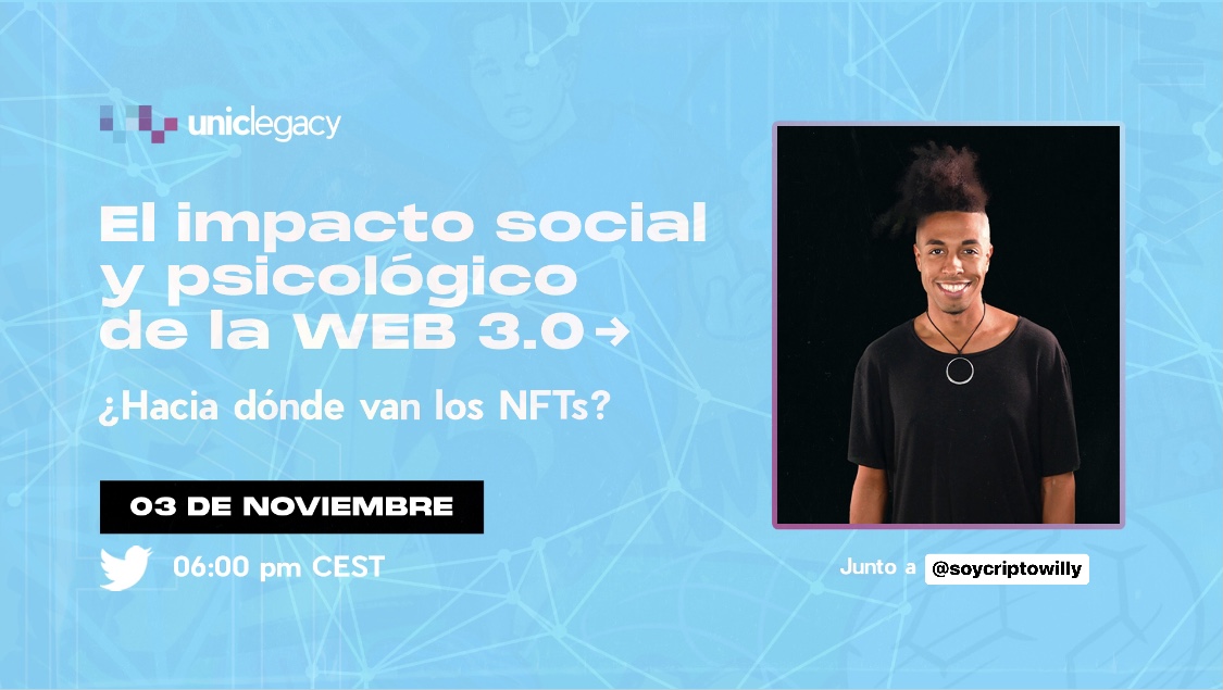 UnicLegacy (@uniclegacy) on Twitter photo 📣UNICS!
Haremos un directo en @TwitterSpaces junto a <a href="/soycriptowilly/">cripto.willy</a> hablando del futuro del concepto NFT y el impacto social y psicológico de la WEB 3.0💡
📅 mañana, 3 de noviembre
⏰ 18:00 hora Madrid
¡Los esperamos!
#UNICS #UnicLegacy #NFT #WEB3 📣UNICS!
Haremos un directo en @TwitterSpaces junto a <a href="/soycriptowilly/">cripto.willy</a> hablando del futuro del concepto NFT y el impacto social y psicológico de la WEB 3.0💡
📅 mañana, 3 de noviembre
⏰ 18:00 hora Madrid
¡Los esperamos!
#UNICS #UnicLegacy #NFT #WEB3