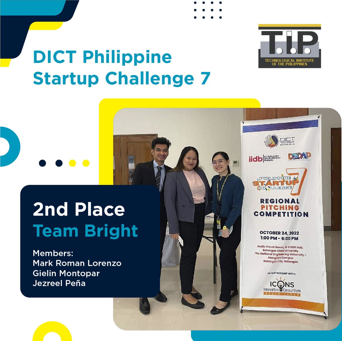 TIP1962official's tweet photo. T.I.P. QC CITE students dominated DICT Philippine Startup Challenge 7 for NCR and Region 4A. Team Ani and Team Bright, composed of three members each, occupied 1st and 2nd places in the competition.

More on this here https://t.co/ieSgHMq1wv

#TIPPride https://t.co/j4OcTiC0NW