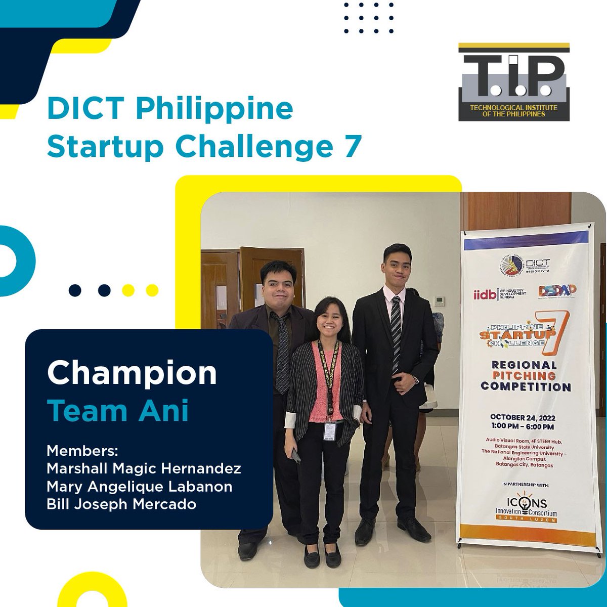 TIP1962official's tweet photo. T.I.P. QC CITE students dominated DICT Philippine Startup Challenge 7 for NCR and Region 4A. Team Ani and Team Bright, composed of three members each, occupied 1st and 2nd places in the competition.

More on this here https://t.co/ieSgHMq1wv

#TIPPride https://t.co/j4OcTiC0NW