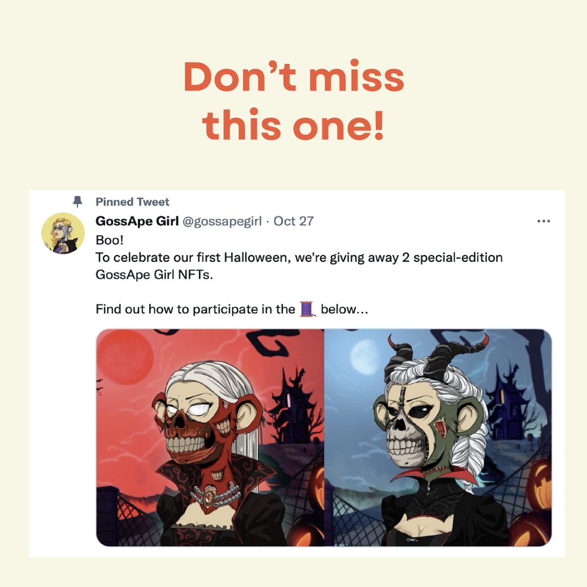 gossapegirl's tweet photo. Have you submitted the spooky version of your GG? 👻
You still have a chance to win our special edition NFT, last submission is on Saturday, Nov 5, 2022, 9PM EST!
More deets from our pinned tweet!
#GGShowcase https://t.co/ZloWY61whT