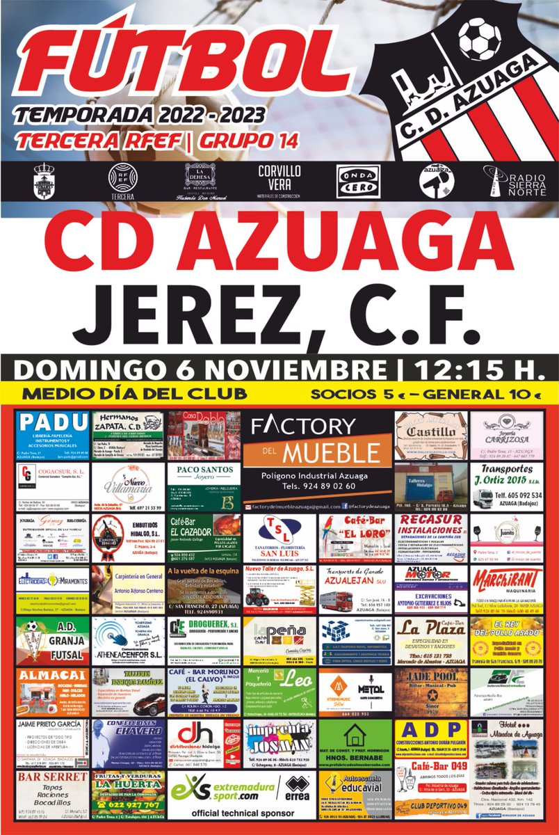 cdazuaga's tweet photo. JORNADA 9 | GRUPO XIV 3RFEF
⚽ CD. AZUAGA 🆚 JEREZ CF
🗓 Domingo 6 de Noviembre
🕛 12:15h
🏟 Estadio Municipal de Deportes de Azuaga
🎫 MEDIO DÍA DEL CLUB:
- Soci@s, pases de empresas y pases de jugadores y técnicos: 5€
- Entrada general: 10€
- <16 años, entrada gratuita https://t.co/c6YcFZGMNH