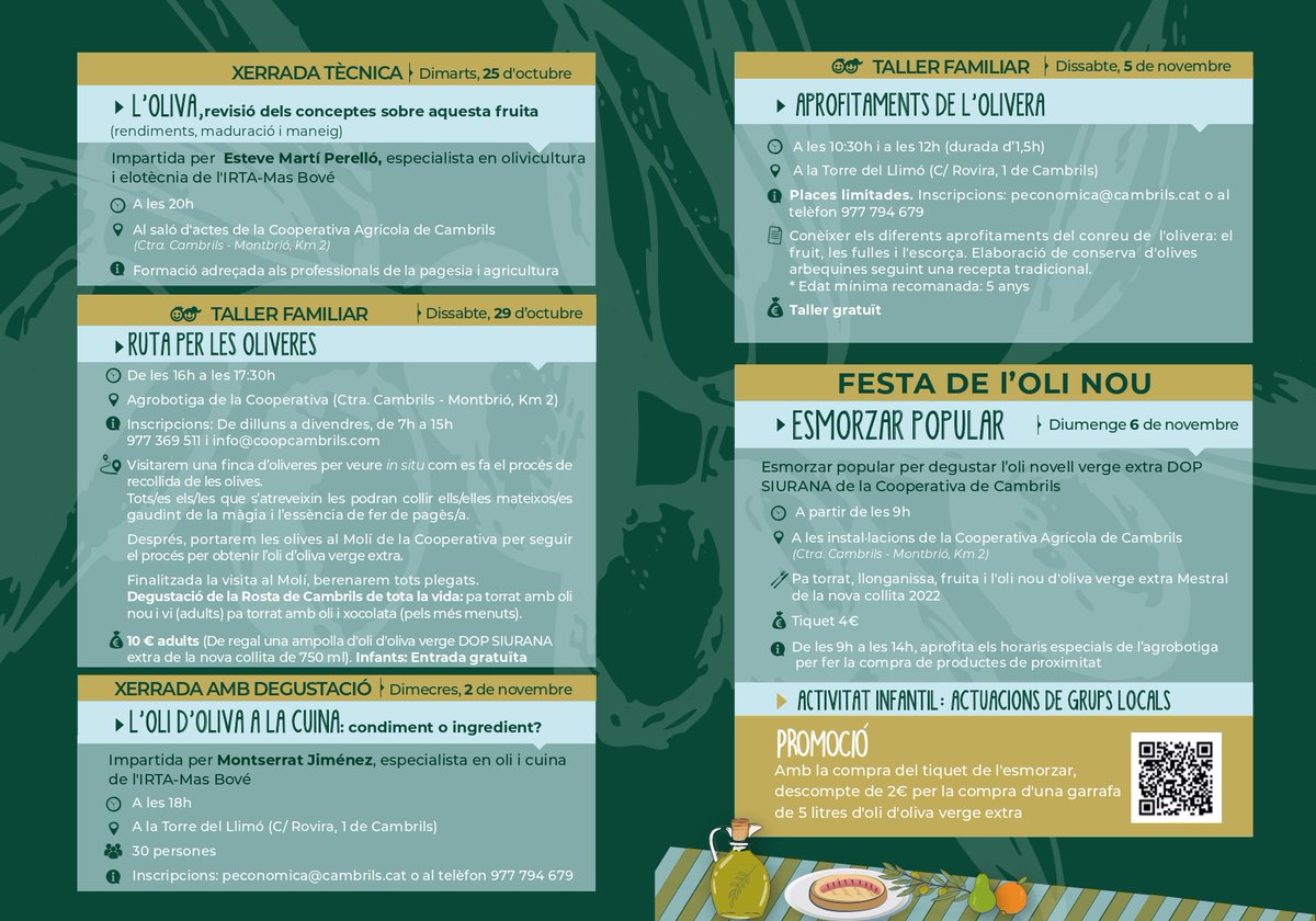 PROMOCIÓ ECONÒMICA | 🫒 En el marc de les Jornades de l’Oli de Cambrils, aquest diumenge no us perdeu l’esmorzar popular per degustar l’oli novell verge extra DOP Siurana de la Cooperativa de #Cambrils.
ℹ️ Tiquet 4€.

👉 6 de novembre a la Cooperativa Agrícola de Cambrils.