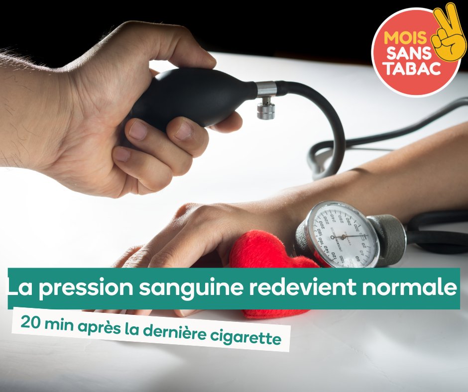 MoisanstabacIDF's tweet photo. Les premiers bénéfices sont déjà présents : 20 minutes après votre dernière cigarette, votre pression sanguine redevient normale.

#MoisSansTabac #Stoptabac #Challenge #defi https://t.co/obcXHQBK23
