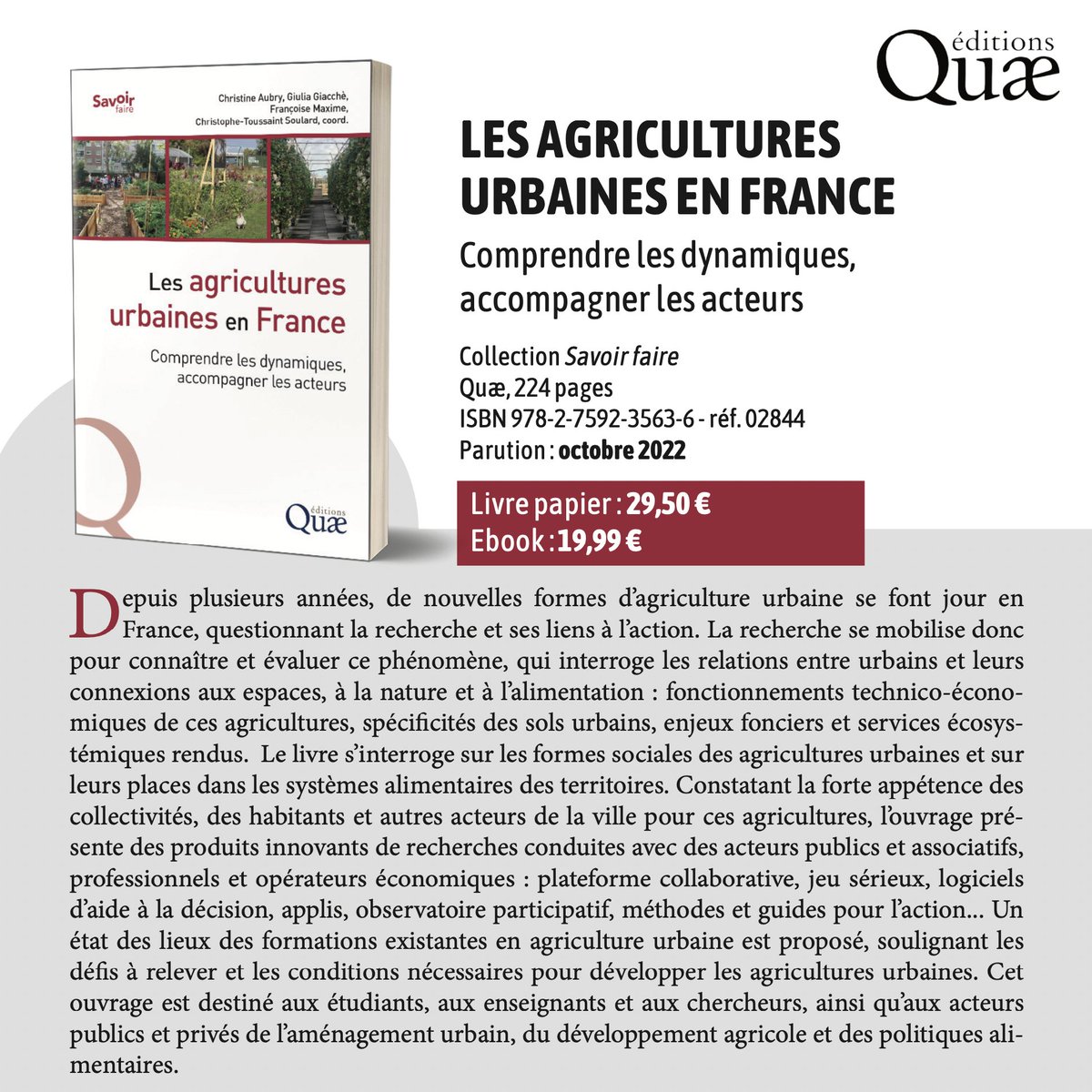 [📖Publication]
Aujourd'hui, on vous partage un nouvel #ouvrage auquel nous avons eu l'opportunité de contribuer : 
"Les agricultures urbaines en France" ! aux éditions <a href="/Quae/">hello haterzs</a> 🔗quae.com/.../les-agricu… Bonne Lecture ! 📖#fermeurbaine #microferme #agricultureurbaine