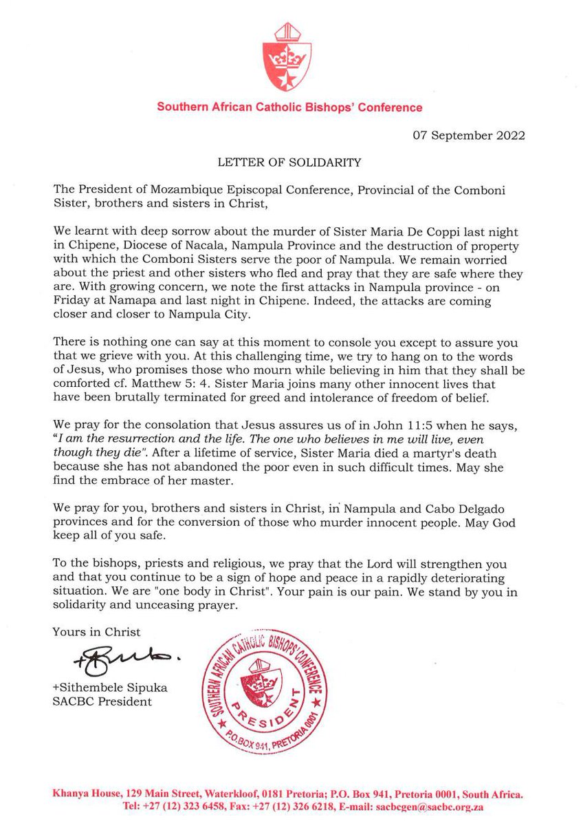 HurleyPeace's tweet photo. SACBC In Solidarity With Church in Northern Mozambique
Following the killing of Sr Maria De Coppi in Chipene, Nampula Province, the South African Bishops issued a letter of solidarity.
#Nampula #Chipene #Solidarity #Mozambique #SACBC #Church #killing
See below: https://t.co/RWWBS8SYg4