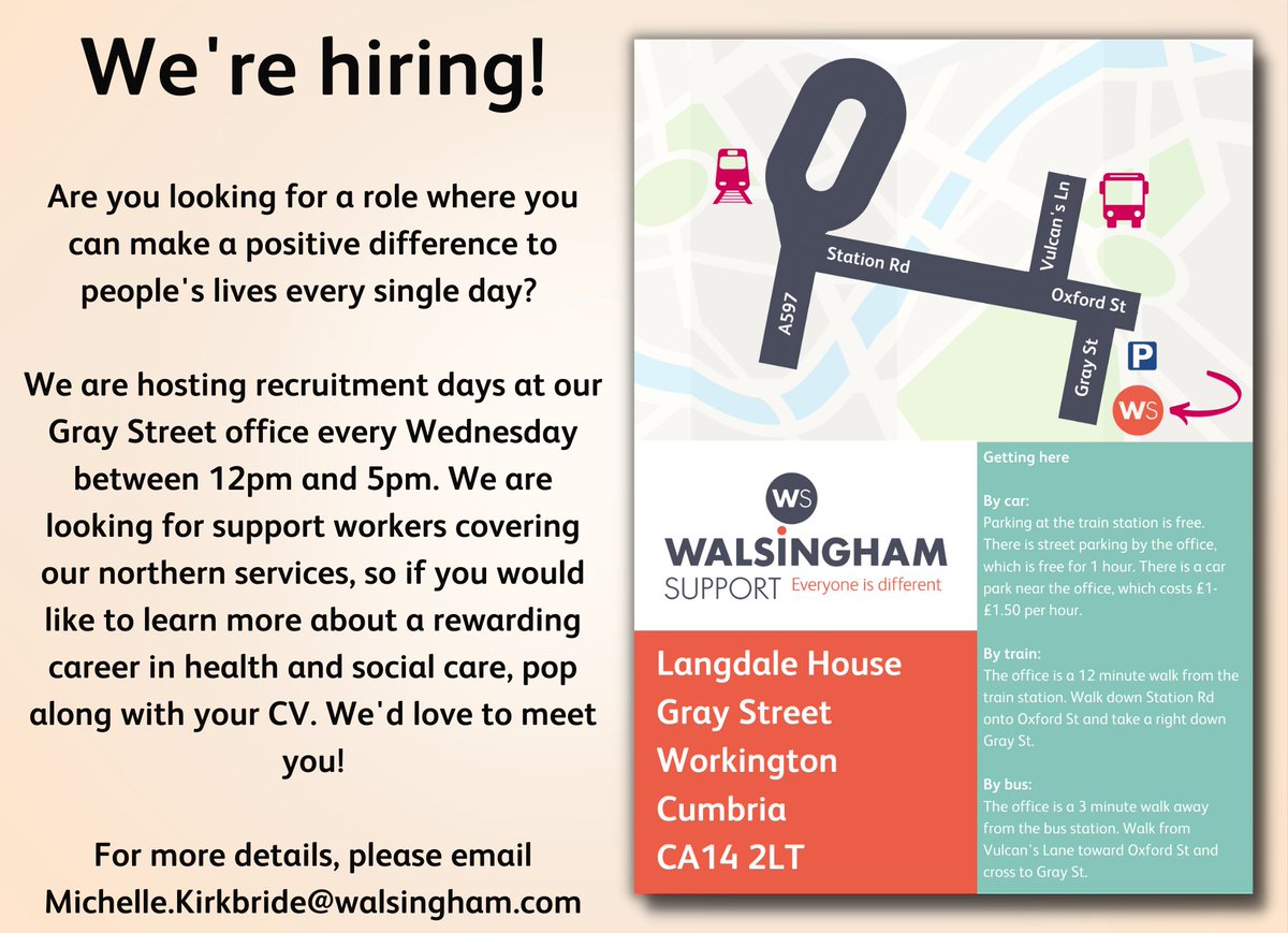Every Wednesday from 12pm to 5pm, we are holding recruitment days at our office on Gray Street in Workington, Cumbria. Pop along to learn about the work we do & the positions we have available in our northern services. For more info, please email michelle.kirkbride@walsingham.com