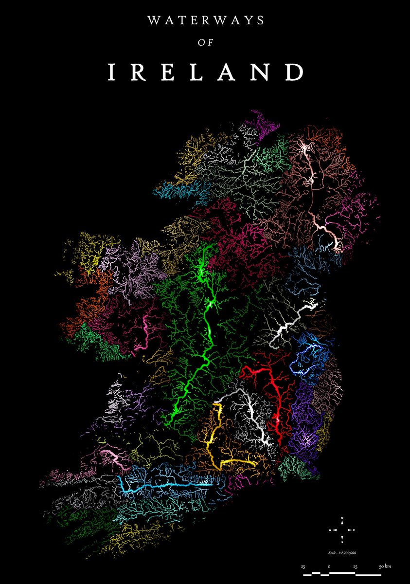 #30DayMapChallenge Day 2 - Lines.

Waterways of Ireland. 🇮🇪 🧭

Surface waterways (Rivers/Streams) of Ireland, grouped by their Hydrometric area.

Interesting to note the lack of surface flow in #theburren where groundwater flows dominates. 

#gis #cartography #Ireland #dataviz