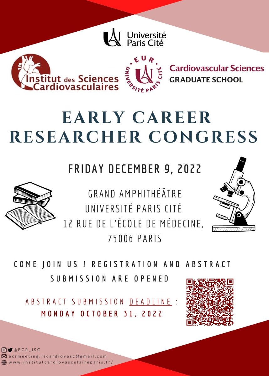 ECR_ISC's tweet photo. It's our pleasure to share that the 1st Early Career Researchers Congress of the Institut des Sciences Cardiovasculaires (ECR ISC) will be held the 9th December 2022 in Paris !

Abstract submission is extended until November 10th. ⏳

Don't miss this opportunity to network! 🫀😍 https://t.co/Yxh0R5q6uS