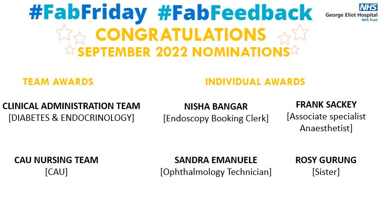 NHSFabFriday's tweet photo. #Congratulations to those nominated for an #IEXCEL award in Sept, lovely comments shared at October's #FabFriday showing how staff have displayed the Trust IEXCEL values #StaffAppreciation #TrustValues #ThankYou @GEHNHSnews @GEHENGAGEMENT https://t.co/21XpTPs8r2