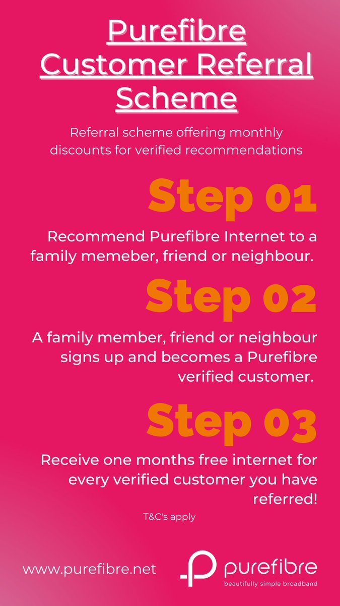 Refer a friend to Purefibre internet and receive a months free broadband! 

purefibre.net 

#fibre #fullfibre #broadband #internetserviceprovider #beautifullysimplebroadband