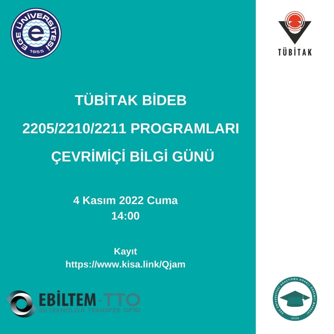 Lisans, Yüksek Lisans ve Doktora öğrencilerimizin başvurularına açık olan TÜBİTAK BİDEB 2205, 2210 ve 2211 Programları Çevrimiçi Bilgi Günü 4 Kasım 2022 Cuma saat 14:00' te! Kayıt: kisa.link/Qjam 
<a href="/UniversiteEge/">Ege Üniversitesi</a> <a href="/ProfNecdetBudak/">Prof.Dr.Necdet BUDAK</a> <a href="/ege_arom/">ege_arom</a> <a href="/egeziraat1955/">E.Ü. Ziraat Fakültesi</a>