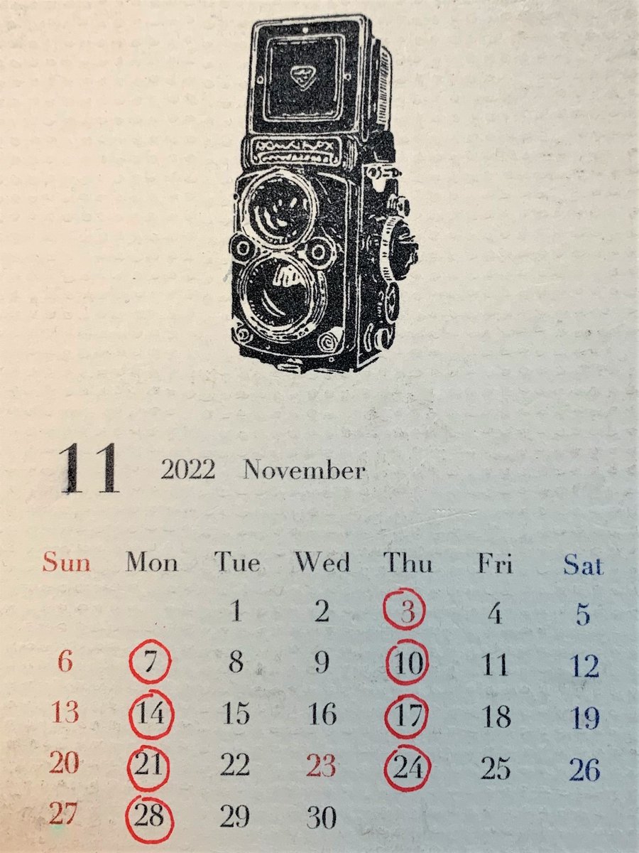 camera_yamaya's tweet photo. 【2022年11月の営業について】

・毎週　月曜・木曜休業 

※11/3（木・祝）は休業
　11/23（水・祝）は営業

よろしくお願いします☺

かわいい Camera Stamp カレンダーは、*citrine（@xcitrine）さん作です❤ https://t.co/3fYjIu4cX2