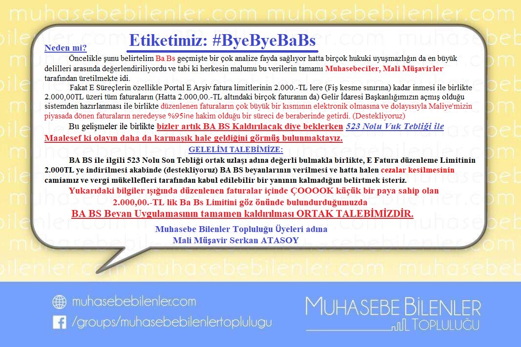 #ByeByeBaBs (Hep Türkçe Etiketler kullandık baktık çözüm olmuyor bir de bunu deneyelim dedik:))
<a href="/gibsosyalmedya/">Gelir İdaresi Başkanlığı</a> <a href="/HmbSosyalMedya/">Hazine ve Maliye Bakanlığı Sosyal Medya</a>'nın değerli yetkilileri;
Ba Bs geçmişte denetim dahil bir çok alanda fayda sağlıyor idi ama şuan tüm faturalar Elektronik,Beyanlar Boş.O Zaman Kalkmalı!