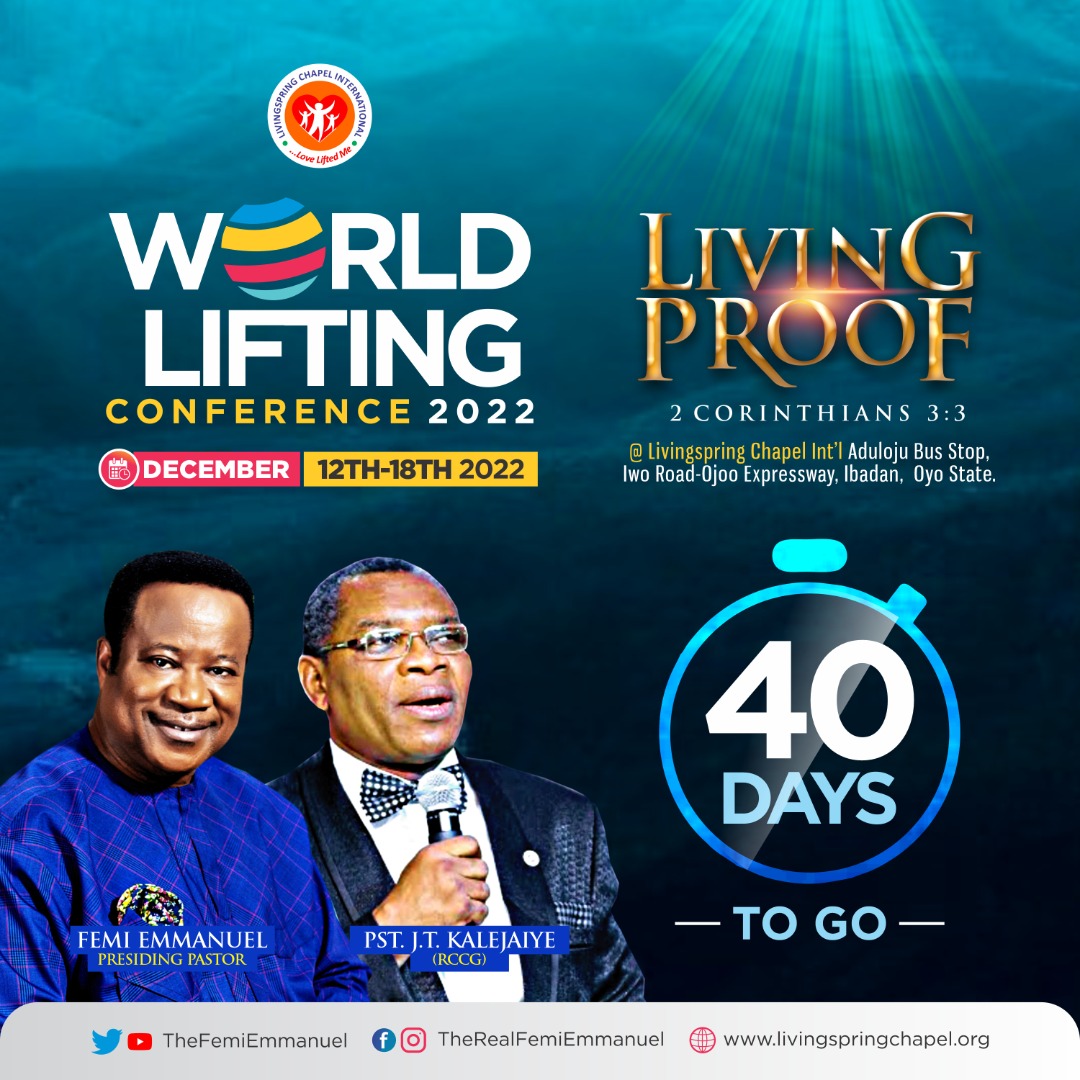 OfficialLSCI's tweet photo. Are you ready for another encounter of God's presence? The World Lifting Conference 2022 is fast approaching. We are 40 days away. Be prepared!!.

#Shiloh2022 #wlc22 #shiloh #femiemmanuel #focusonshiloh #livingspringchapelinternational https://t.co/tqBXDuNRSh