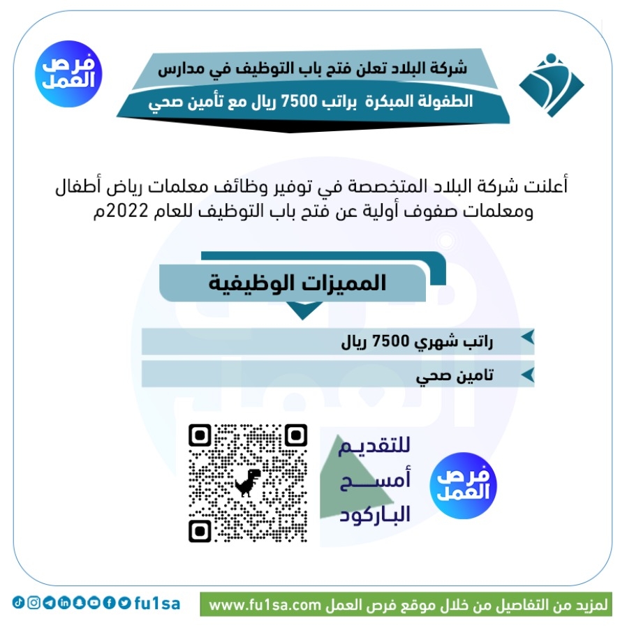 ama221722's tweet photo. تعلن شركة البلاد المتخصصة في توفير وظائف معلمات رياض أطفال ومعلمات صفوف أولية عن فتح باب التوظيف للعام 2022م https://t.co/ohuPeBxooV