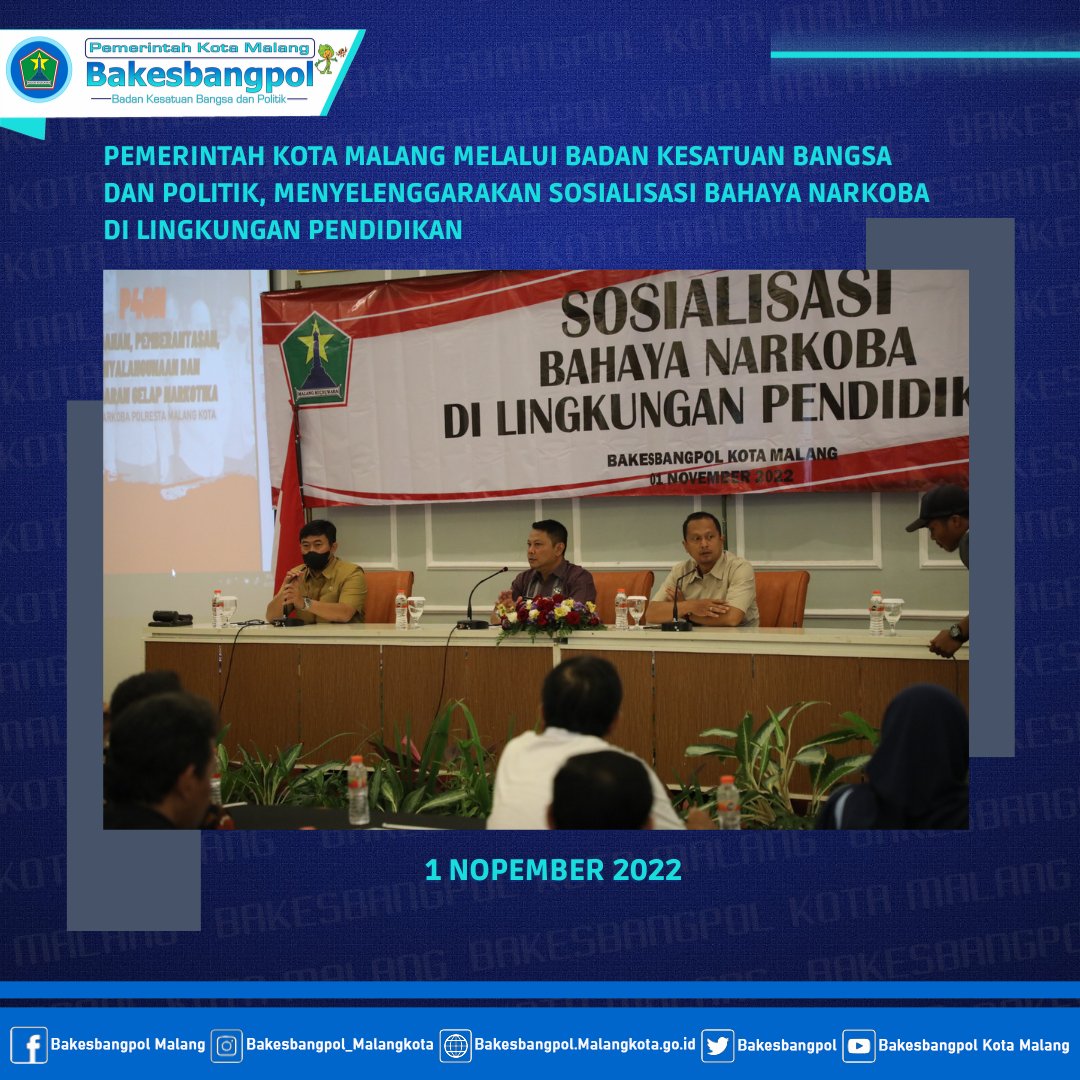 bakesbang's tweet photo. #NawakNgalam (1 Nopember 2022) Pemerintah kota malang melalui Badan Kesatuan Bangsa dan Politik, menyelenggarakan SOSIALISASI BAHAYA NARKOBA DI LINGKUNGAN PENDIDIKAN . Acara Laksanakan di Hotel Pelangi Kota Malang dan di hadiri oleh Pelajar tingkat SMA Kota Malang. https://t.co/yLkMWpaYBI
