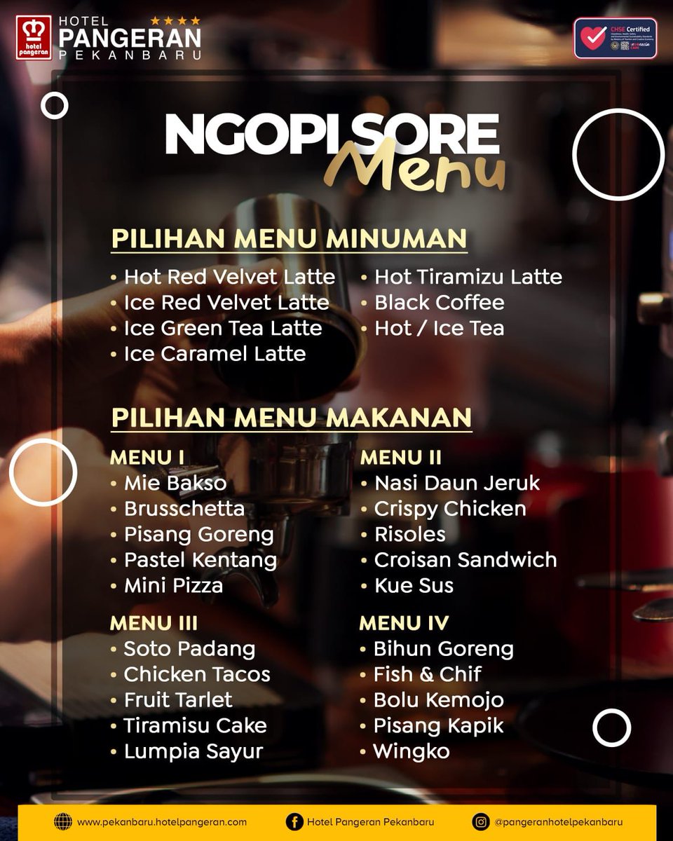 PangeranHotel's tweet photo. MENU NGOPI SORE at Pangeran Lounge BAR 😍
Mulai 3 November 2022, Setiap KAMIS, 
Jam 15:00 - 18:00 WIB
Harga IDR 75.000,- ++
➡️ Live music entertainment "NATURE MUSIC"
➡️ Sudah termasuk varian snack, free flow dan pilihan minuman
Don't miss i 😍
For reservation 👇
☎️ (0761) 853636 https://t.co/hKWknYji8i