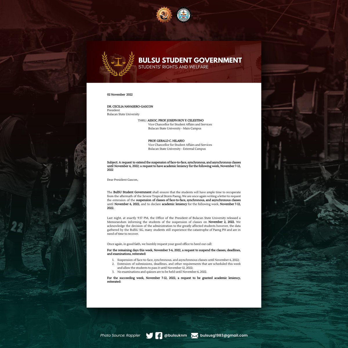 bulsusg1983's tweet photo. 𝐓𝐈𝐍𝐆𝐍𝐀𝐍 | A letter requesting the administration of Bulacan State University to extend the suspension of classes and to have academic leniency https://t.co/xI1puw4AgA