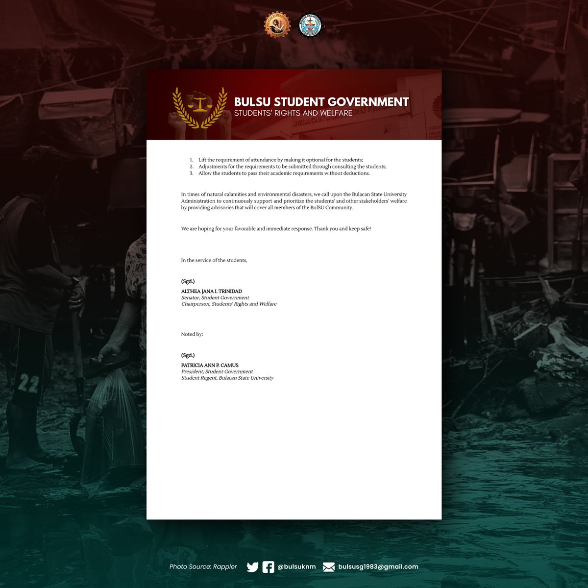 bulsusg1983's tweet photo. 𝐓𝐈𝐍𝐆𝐍𝐀𝐍 | A letter requesting the administration of Bulacan State University to extend the suspension of classes and to have academic leniency https://t.co/xI1puw4AgA