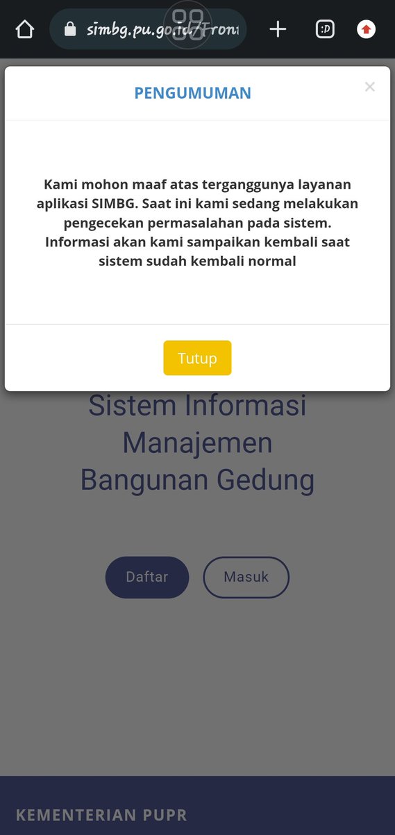 <a href="/KemenPU/">Kementerian PU</a> SIMBG, Sudah dua hari nggak bisa diakses. Ada apa yah?? Padahal ijin kami setahap lagi sudah diterbitkan, Jadinya menunggu terus tanpa kejelasan proses.