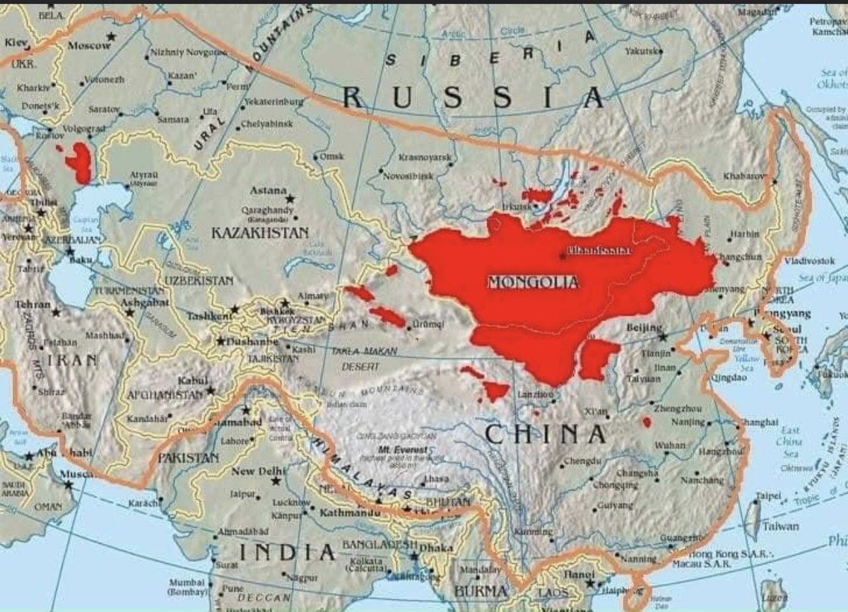 Мэдэхэд илүүдэхгүй Их Монгол улсын газар нутгийг улбар шараар хүрээлж, өнөөгийн монголчуудын оршин суудаг газар нутгийг улаанаар тэмдэглэжээ.