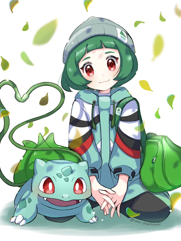 bulbasaur pokemon (creature) red eyes green hair 1girl hat bag smile  illustration images