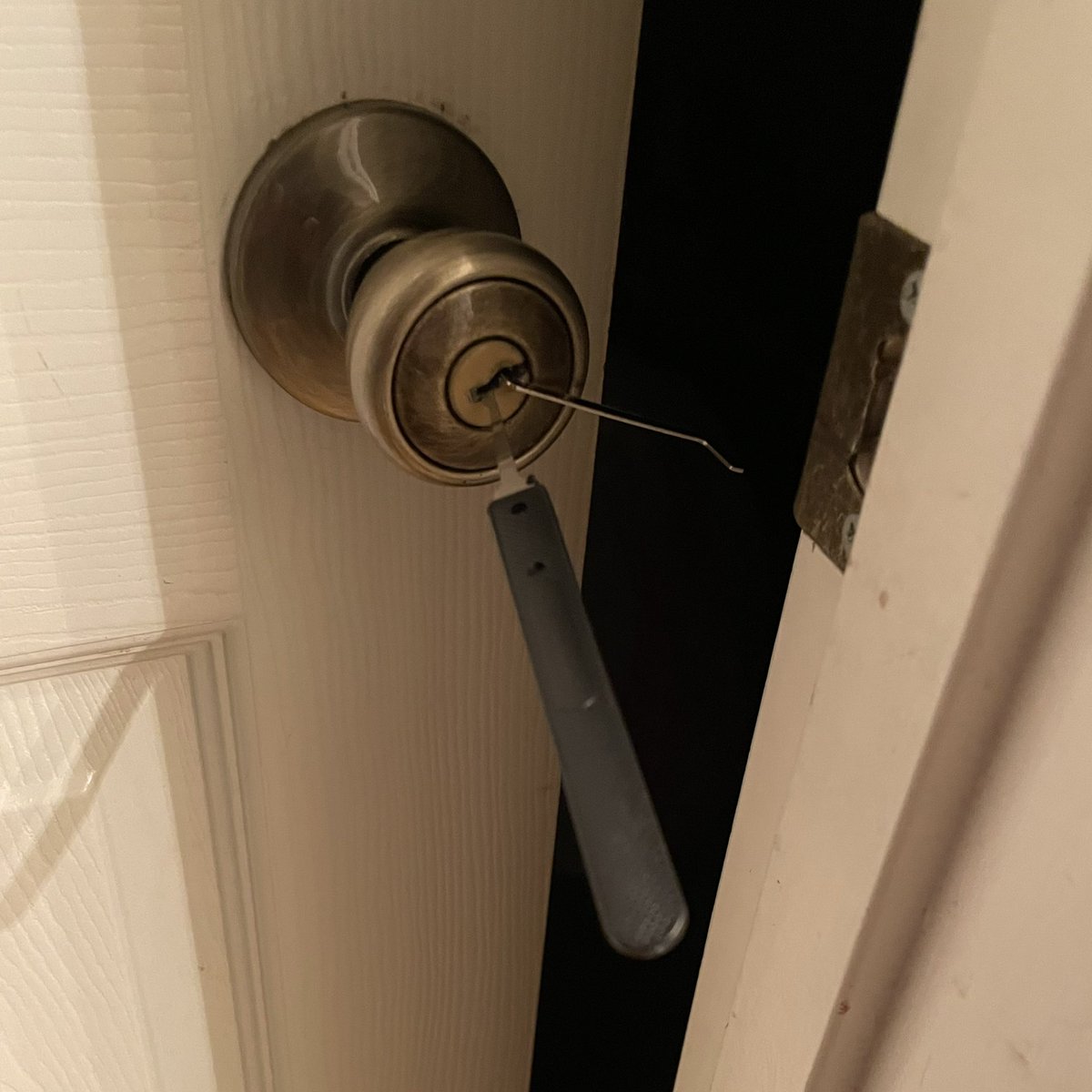 Stupidly locked myself out with the one and only key INSIDE the room… A $30 lock pick kit, 7 minute YouTube video, and 19 minutes later