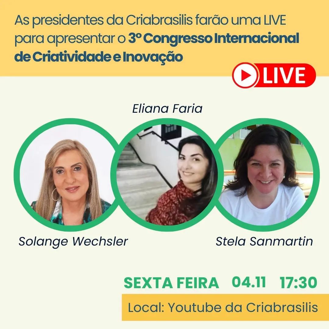 criabrasilis's tweet photo. Olha só👇
Nesta 6a.f, 5.nov, 17h30 te bate papo presidentes sobre nosso 3o. Congresso Internacional de Criatividade e Inovação (CICI).
Via canal da Criabrasilis no YouTube.
  #BoraProCICI #Criabrasilis #3cici #cici #recriai #criatividade #inovação #invenção #YouTube   #presidente https://t.co/E9oaBcbzrB
