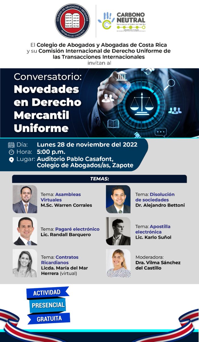 📅 Lunes 28 de noviembre del 2022
🕔 5:00 p.m.
📍 Auditorio Pablo Casafont, Colegio de Abogados/as, Zapote 🆓 𝗔𝗰𝘁𝗶𝘃𝗶𝗱𝗮𝗱 𝗽𝗿𝗲𝘀𝗲𝗻𝗰𝗶𝗮𝗹 𝗴𝗿𝗮𝘁𝘂𝗶𝘁𝗮
🗣️ M.Sc. Warren Corrales (Co-Coordinador LHCR): Asambleas Virtuales