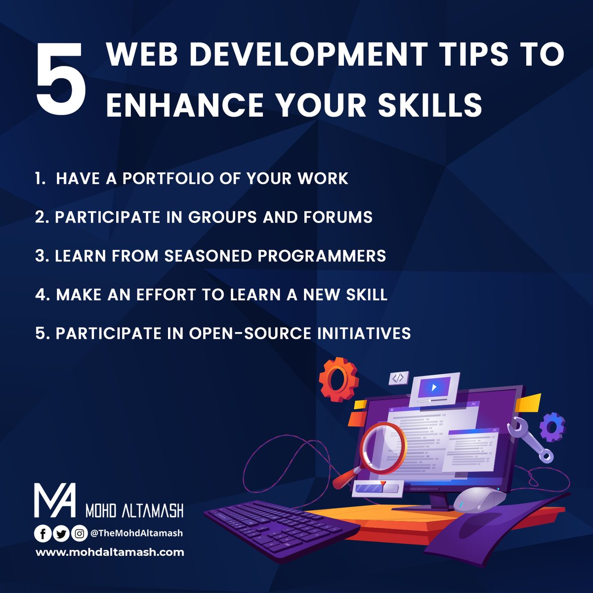 theMohdAltamash's tweet photo. 5 Web Development Tips To Enhance Your Skills
Contact us:- https://t.co/q6bHtWrlSH
#altamash #webdesigning #webdesigningideas #webdesign #webdesign #webdesigner #webdesignagency #webdesigners #webdesigning #webdesignanddevelopmentservices #webdeveloper #developer https://t.co/9talh4eQno