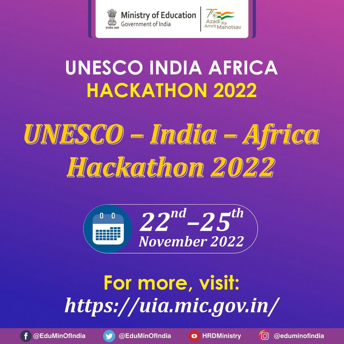 EduMinOfIndia's tweet photo. The UNESCO-India-Africa Hackathon will be focused on various crucial themes which include Education, Renewable Energy/ Sustainability, Drinking Water &amp; Sanitation, Health &amp; Hygiene, and Agriculture, etc.

For more details, visit: https://t.co/0DhTJeeVfC https://t.co/kDaASbrzTc