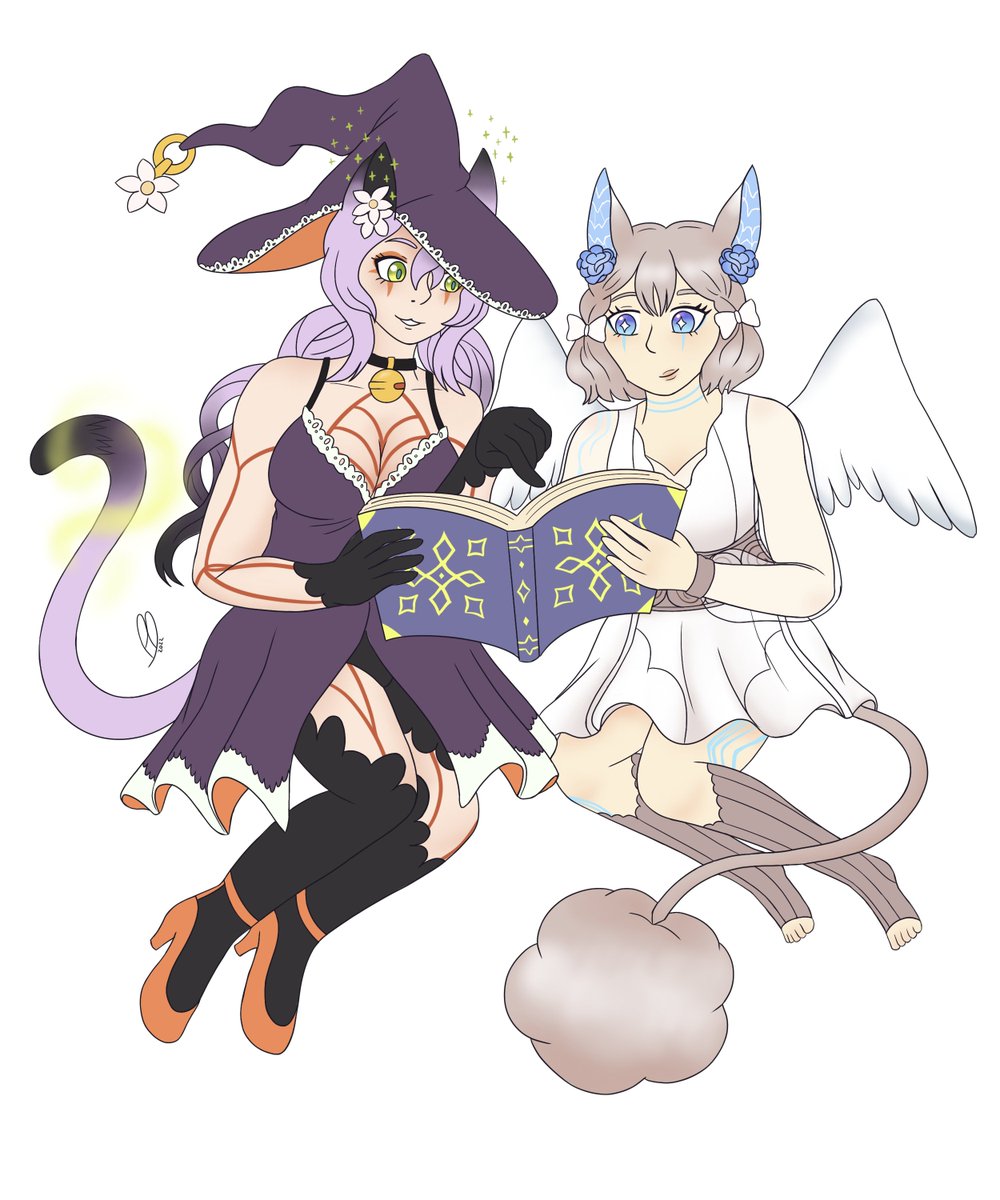 nerdymikayuki's tweet photo. Made for an art trade! Neva (left) showing her cousin Effimia (right) a magical book. Neva fits well into the Halloween spirit.

These characters, and Aermerean species, belong to KizunaYui. 
#digitalart #characterart #closedspecies #aermerea #witch #angel #kemonomimi https://t.co/lNJ6pOKsDL