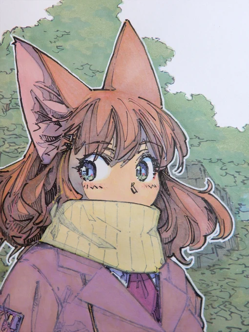 【アナログ1855:お堀の昼下がり】出先で描いた絵に、着色と縁取りを入れて完成。作業方法も雰囲気も普段のとだいぶ違います。#水彩 #アナログ #原画 #狐娘 #出先絵 