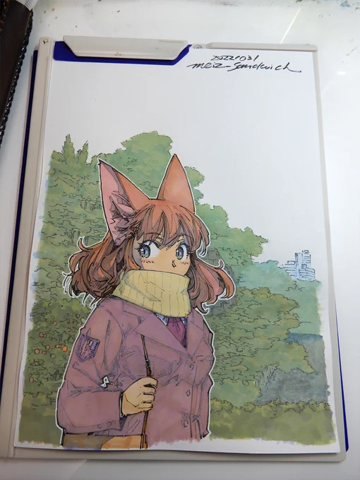 【アナログ1855:お堀の昼下がり】出先で描いた絵に、着色と縁取りを入れて完成。作業方法も雰囲気も普段のとだいぶ違います。#水彩 #アナログ #原画 #狐娘 #出先絵 