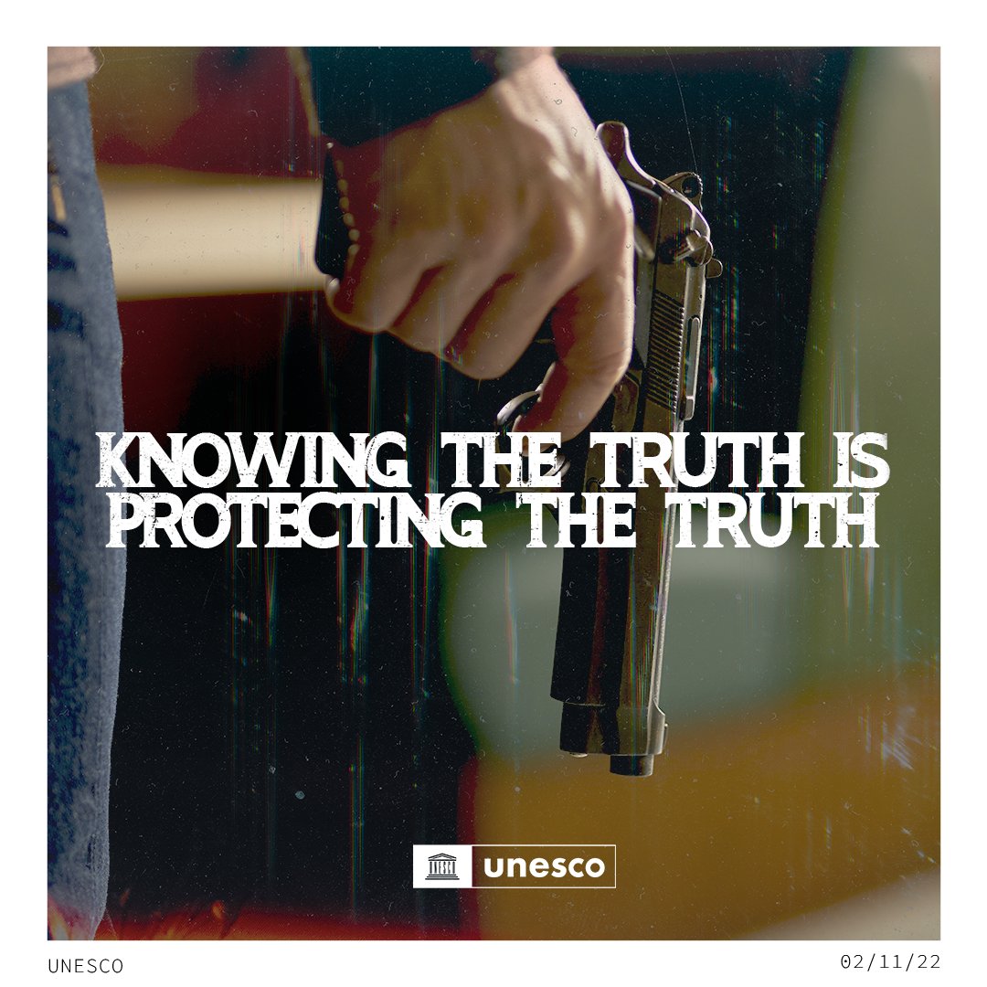 UNESCO's tweet photo. Every week, a journalist is murdered around the world.

Only 1 in 10 cases is investigated.

It is time to #MakeImpunityVisible!

2 November is the International Day to #EndImpunity for Crimes against Journalists.

https://t.co/MPbxNE3Sox https://t.co/NlW4nk3Y04