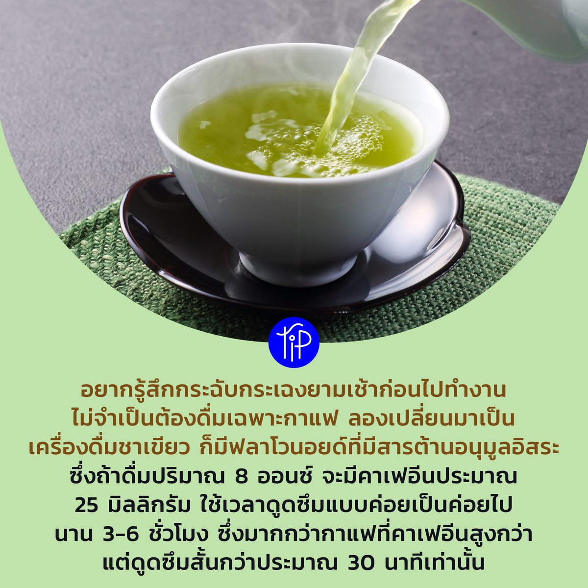 TheStandardPOP's tweet photo. ตื่นมาตอนเช้าแล้วรู้สึกยังงัวเงีย ไม่สดชื่น  สำหรับใครที่เคยชินกับการดื่มกาแฟ ลองเปลี่ยนมาเป็นดื่มชาเขียวแทน ก็ช่วยให้ร่างกายดูดซึมคาเฟอีนได้ยาวนานมากกว่า  และจะช่วยให้ความกระฉับกระเฉงสดชื่นอยู่ได้นานกว่าหลายเท่าด้วย 
#PopTip #TheStandardPop https://t.co/aFKRHdCHAz