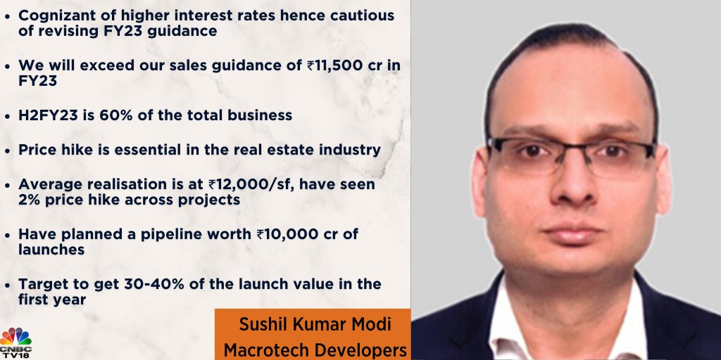 #OnCNBCTV18 | Cognizant of higher interest rates hence cautious of revising #FY23 #guidance. We will exceed our sales guidance of ₹11,500 cr in #FY23. Average realisation is at ₹12,000/sf, have seen 2% price hike across projects, says Sushil Kumar Modi of Macrotech Developers