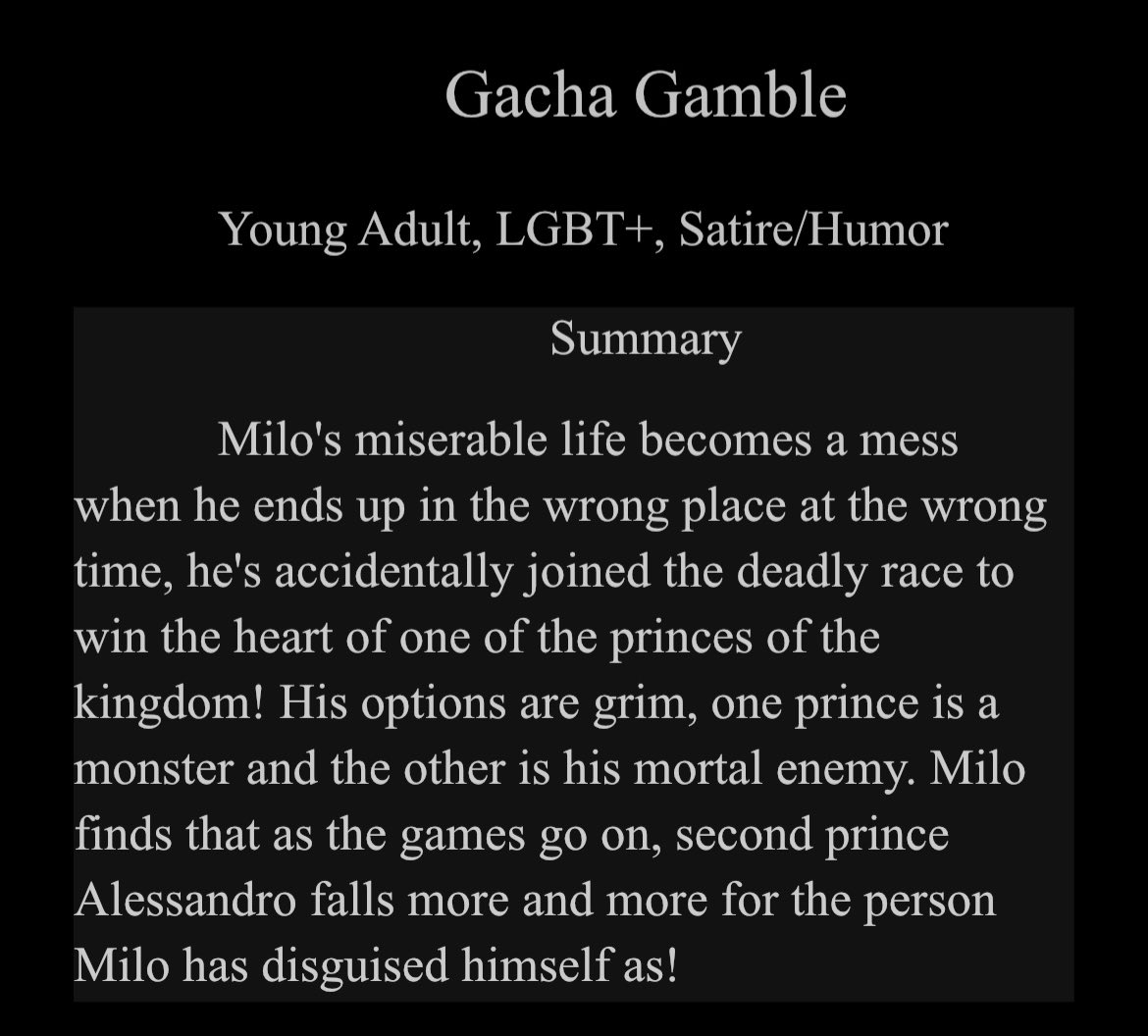 kingwishlett's tweet photo. Nanowrimo 2022

Work: Gacha Gamble

Goal: 50,000 Words

Genres: LGBT+, Fantasy, Drama https://t.co/FZ1FhNXBlT