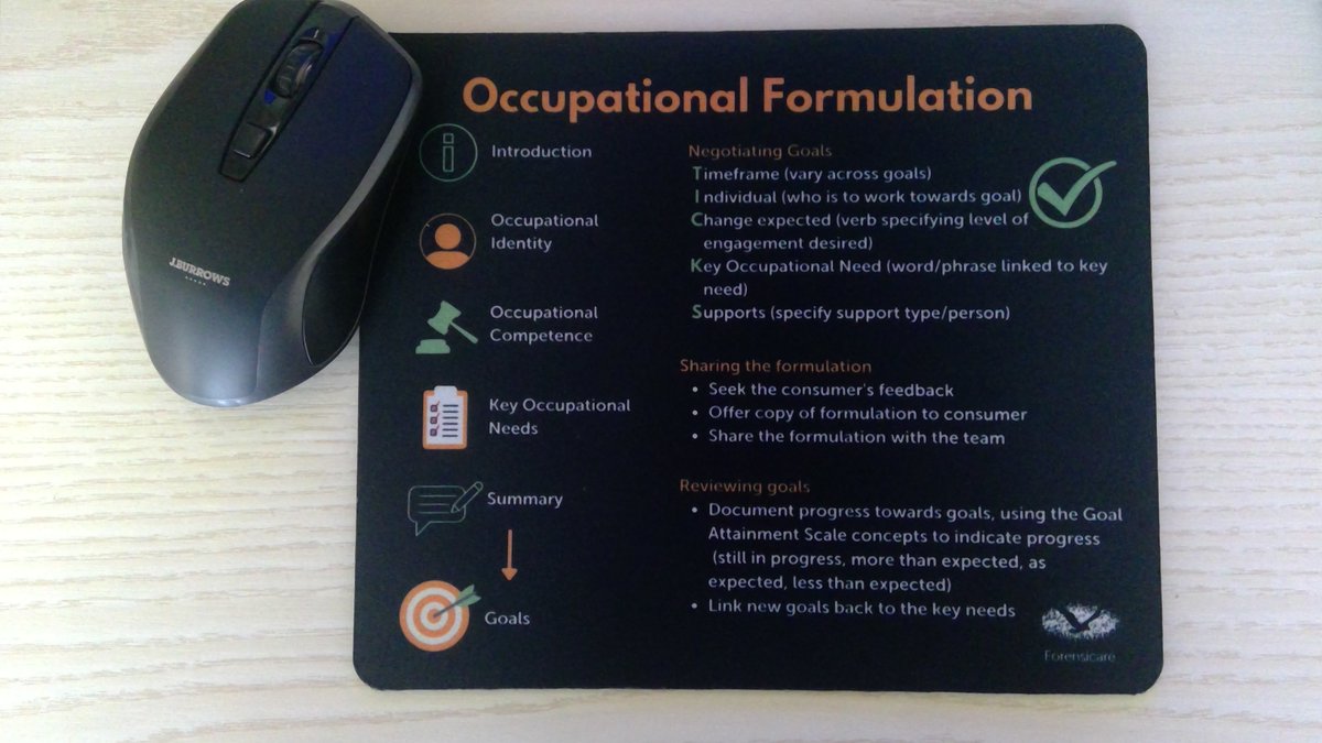 Excited to have created some occupational formulation and goal setting mouse mats to support implementation of the approach in the @Forensicare occupational therapy team